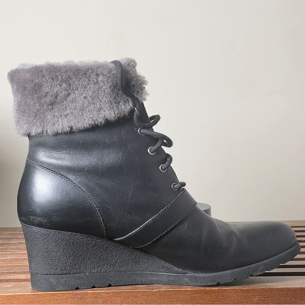 Ugg Janney Boot Black Waterproof Leather Ankle Wedge Lace Up Fur Sz 12 1012527 - Picture 10 of 14